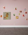 Installation of Denys Watkins' Dynamo Hum on the pink wall of the main gallery. The large work is Pluto (2015).   Photo: Sam Hartnett